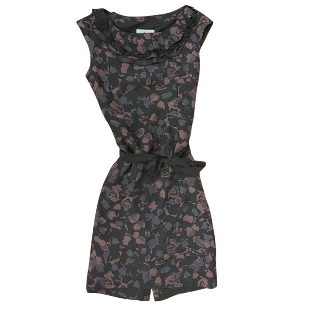 Classiques Entier Petra Silk Sheath Dress Purple Black Floral Ruffle Neck 6 New